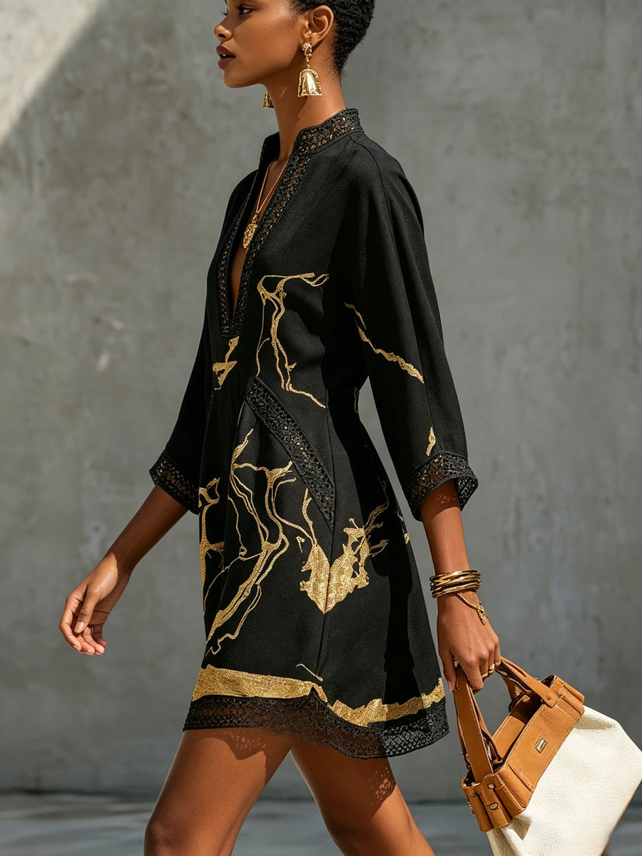 Donatella | Vestido corto con estampado mármol dorado y encaje de croché