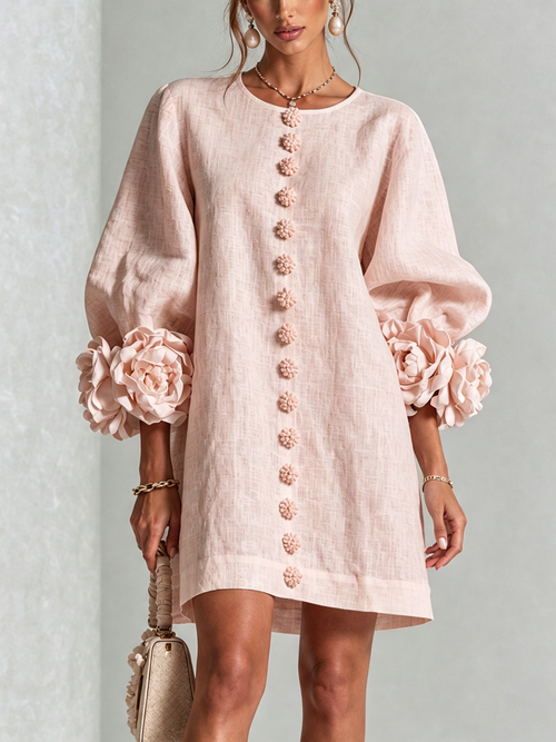 Florencia | Vestido corto floral rosa con botones y mangas de flores