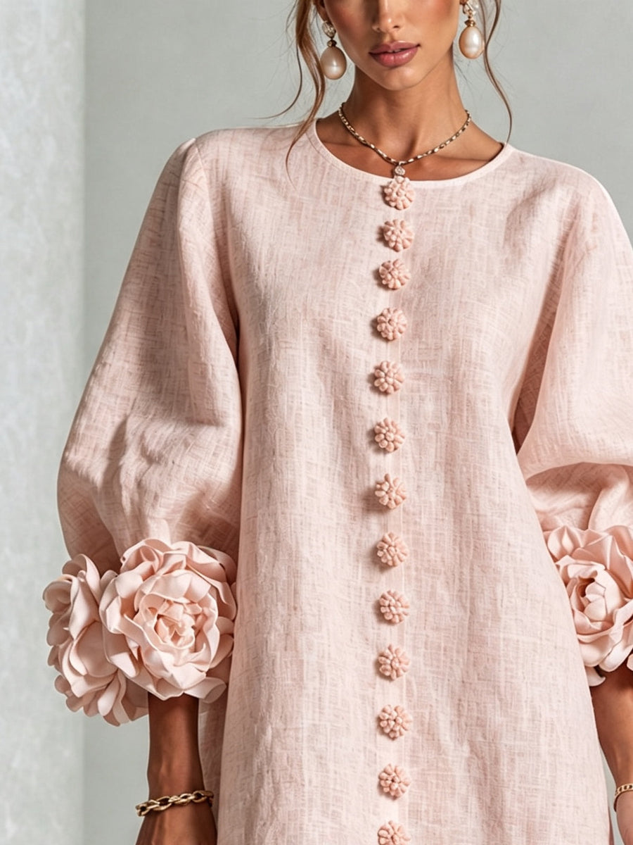 Florencia | Vestido corto floral rosa con botones y mangas de flores