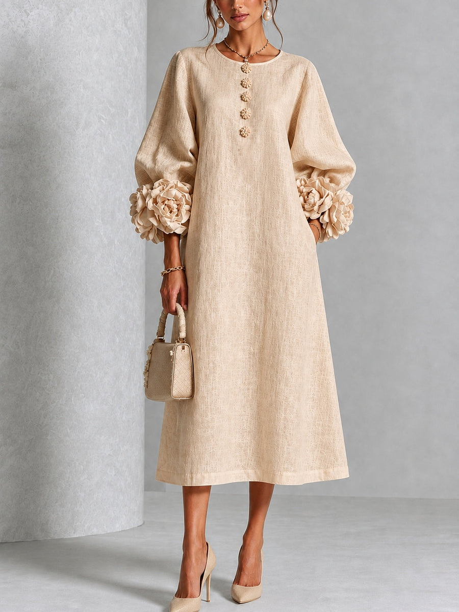 Sofía | Vestido midi beige con botones y mangas de flores