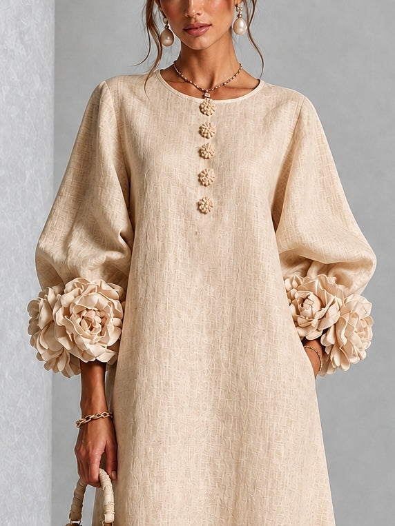 Sofía | Vestido midi beige con botones y mangas de flores