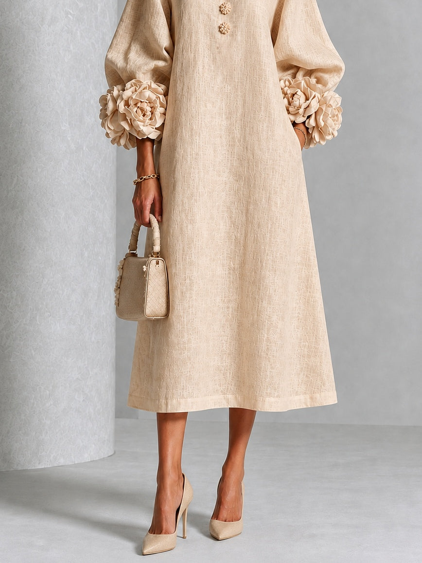 Sofía | Vestido midi beige con botones y mangas de flores