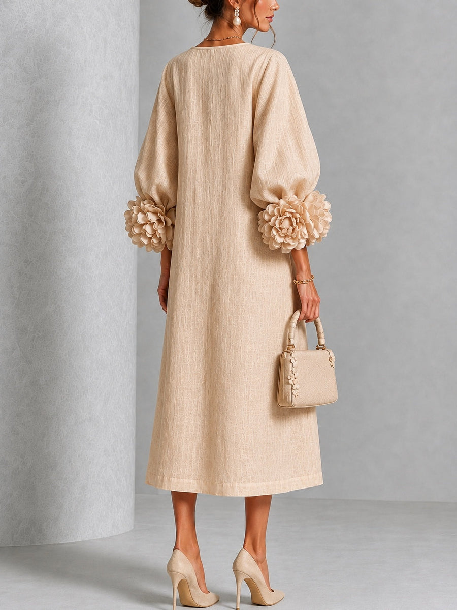 Sofía | Vestido midi beige con botones y mangas de flores