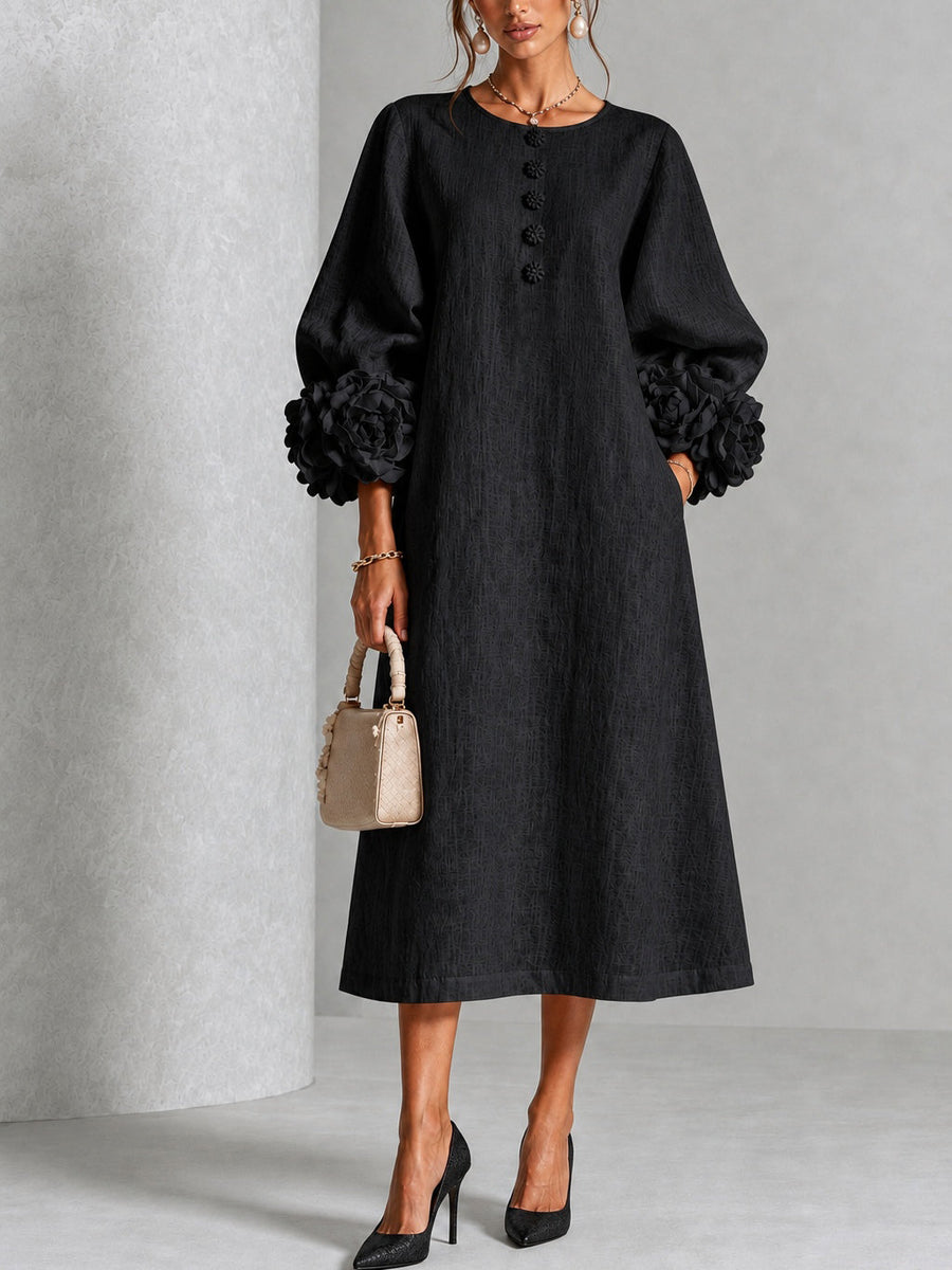 Noa | Vestido midi negro con botones y mangas de flores