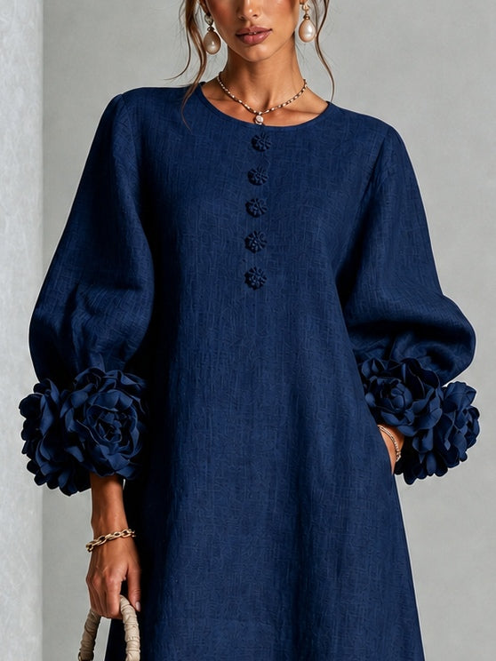 Martina | Vestido midi azul marino con botones y mangas de flores