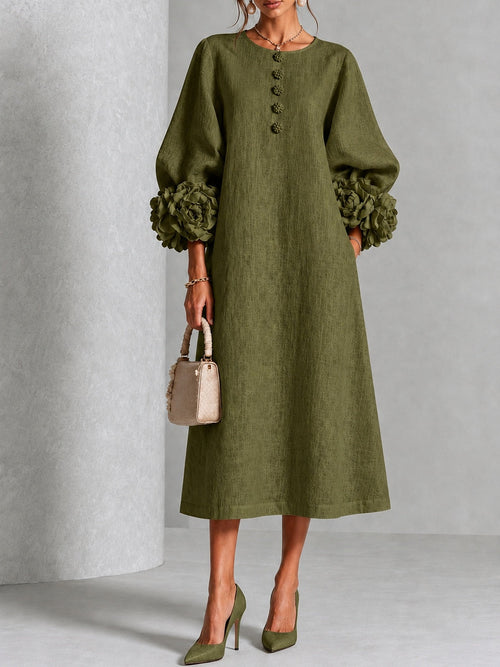 Alba | Vestido midi verde oliva con botones y mangas de flores