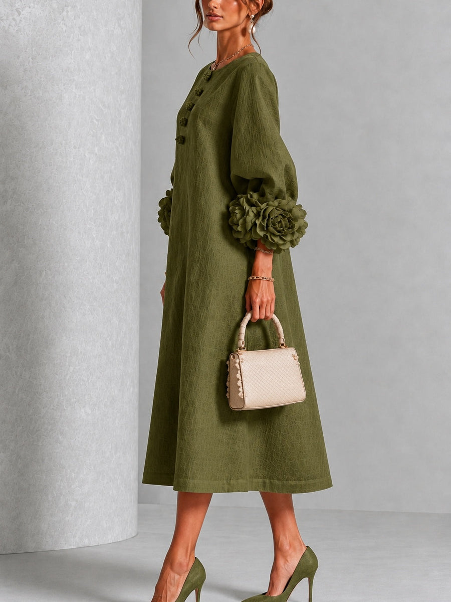 Alba | Vestido midi verde oliva con botones y mangas de flores