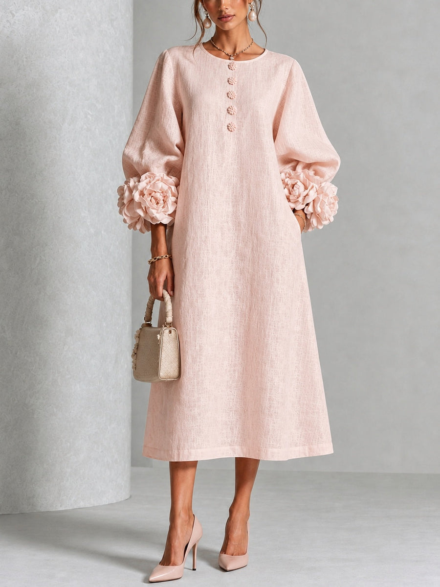 Valentina | Vestido midi rosa con botones y mangas de flores