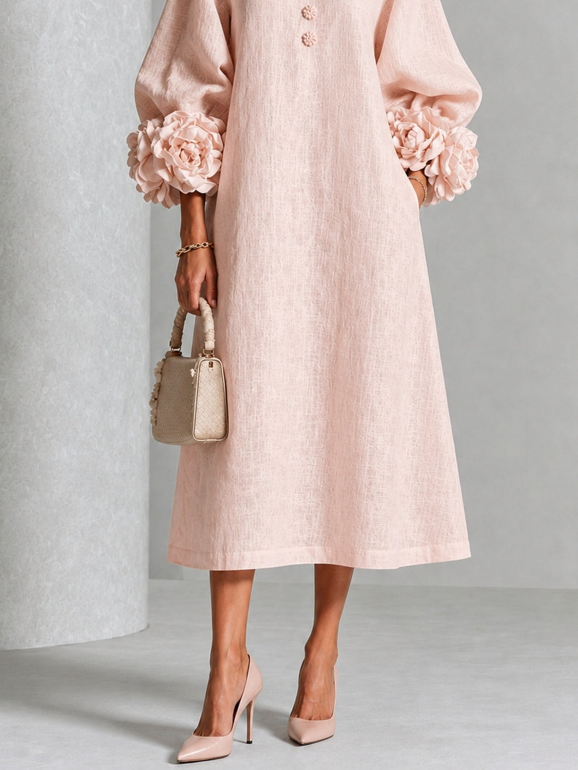Valentina | Vestido midi rosa con botones y mangas de flores