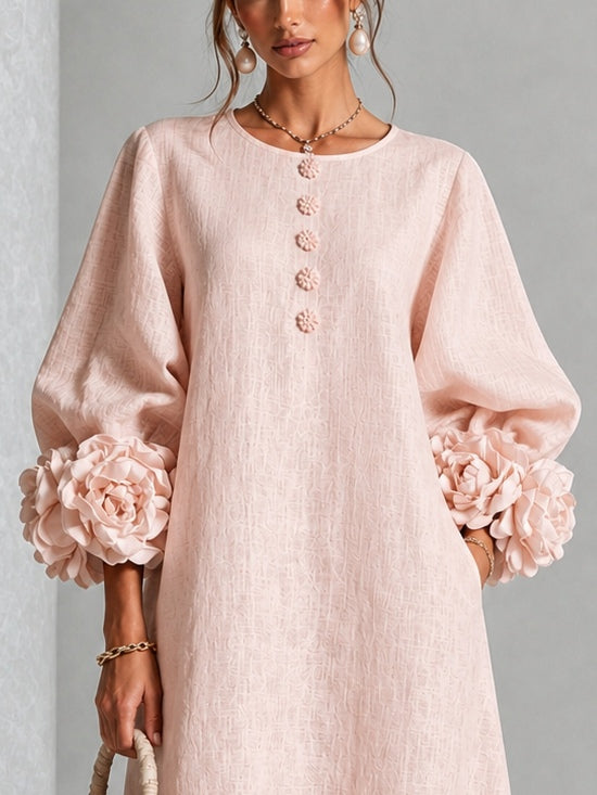 Valentina | Vestido midi rosa con botones y mangas de flores