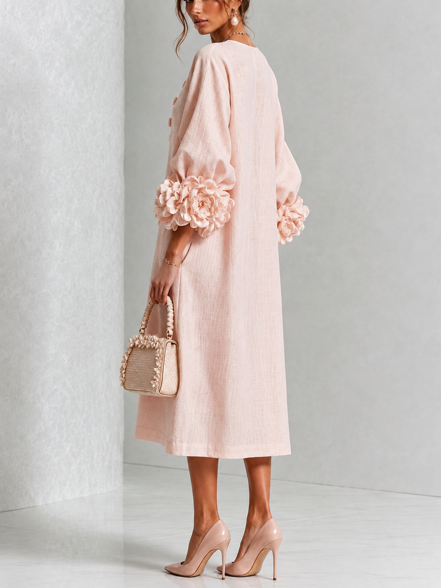 Valentina | Vestido midi rosa con botones y mangas de flores