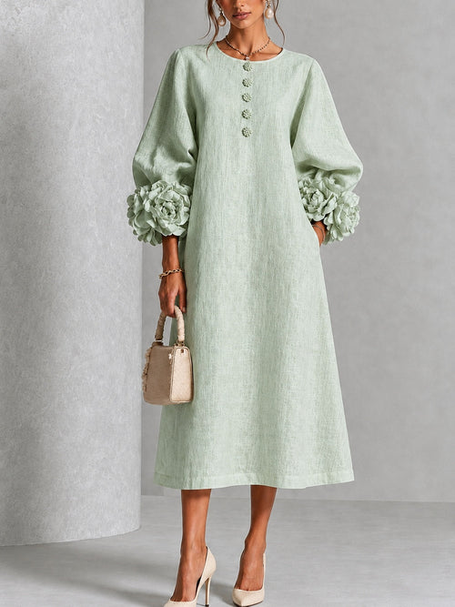 Vera | Vestido midi verde salvia con botones y mangas de flores