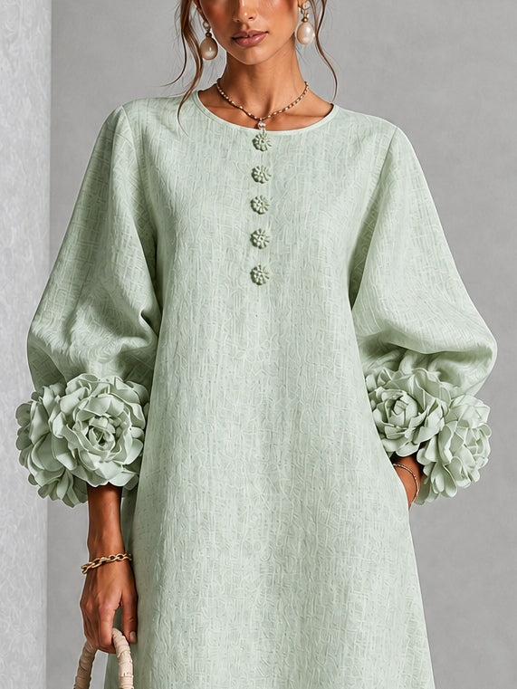 Vera | Vestido midi verde salvia con botones y mangas de flores