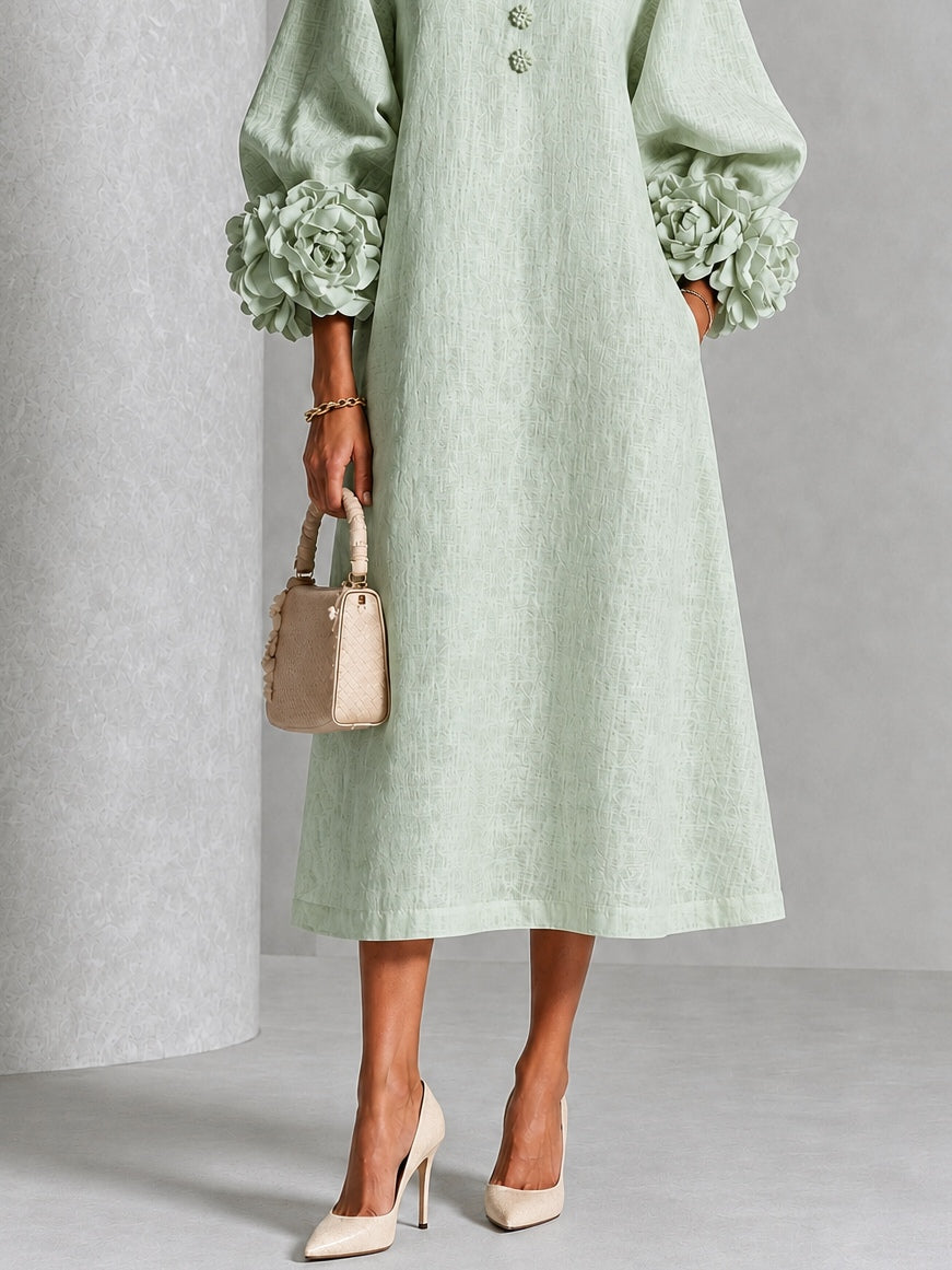 Vera | Vestido midi verde salvia con botones y mangas de flores