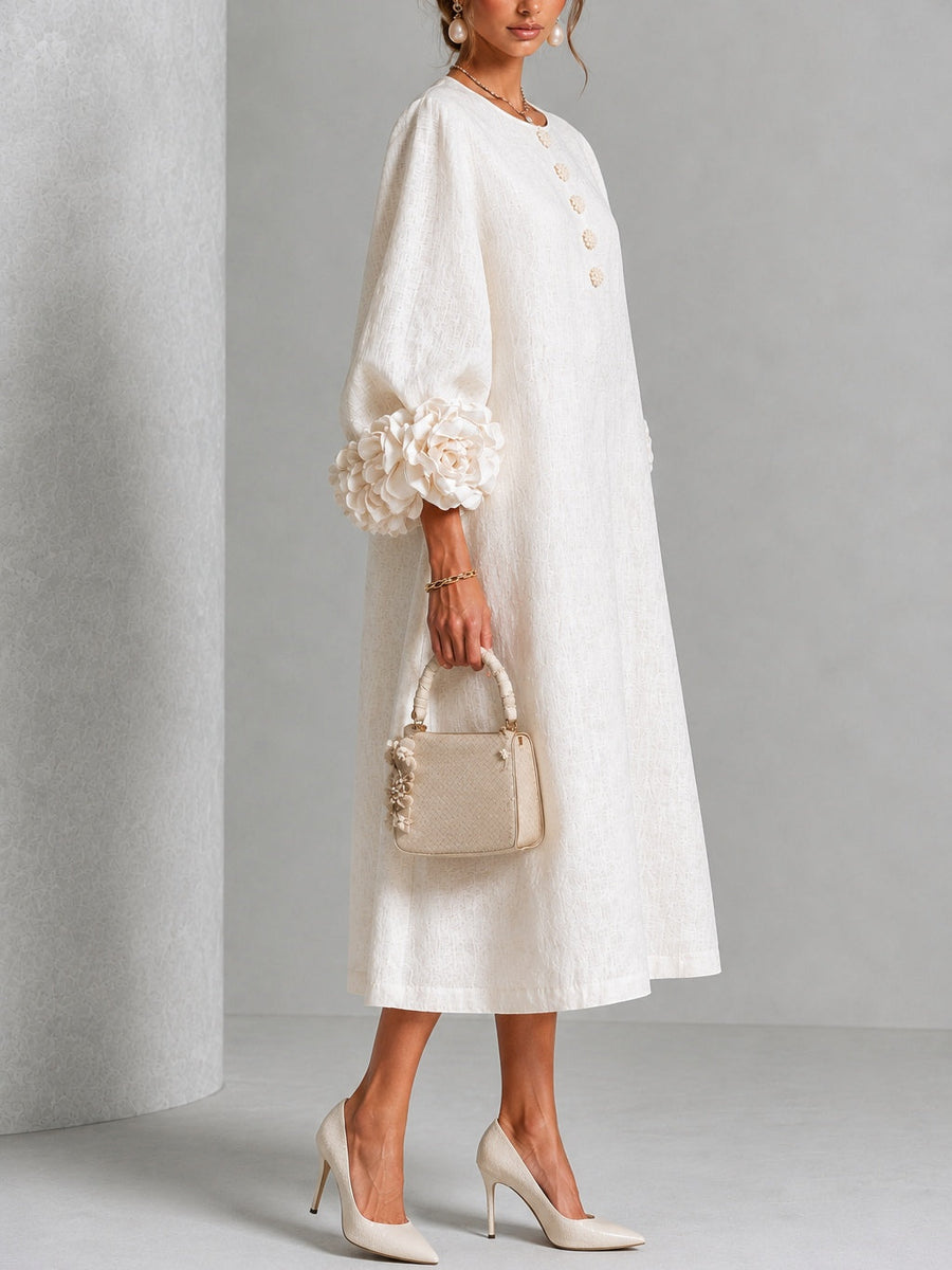 Camila | Vestido midi blanco con botones y mangas de flores