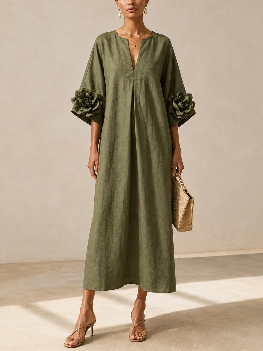 Emma | Vestido midi verde oliva con escote en V y detalle de camelia