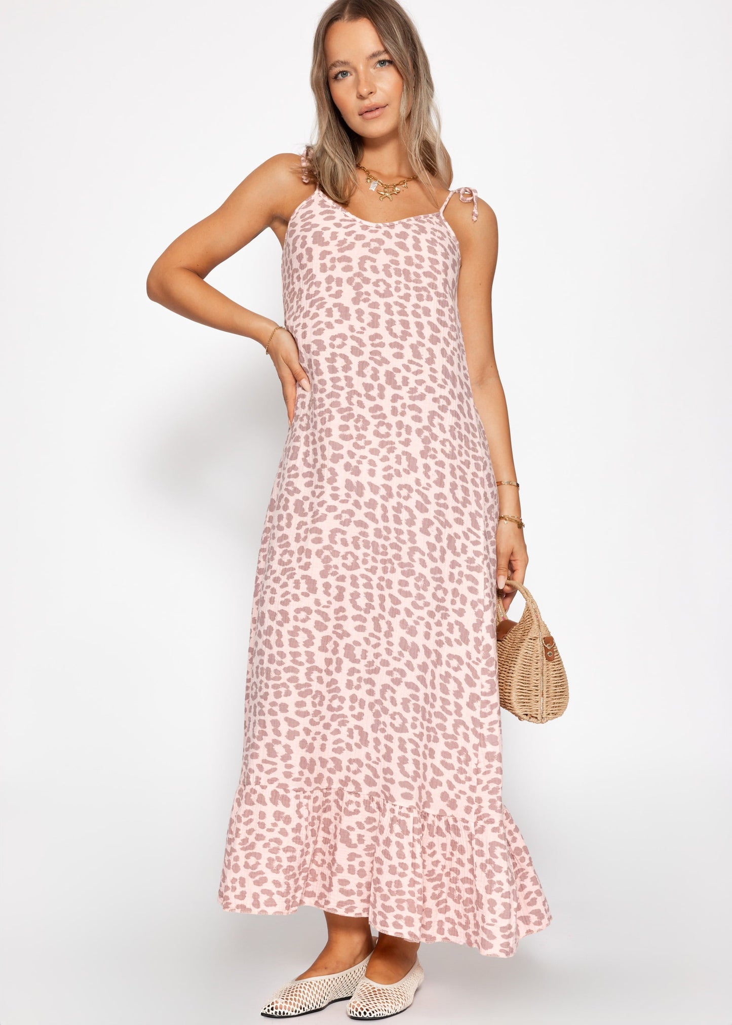 Leonor | Vestido largo de muselina estampado leopardo · Rosa
