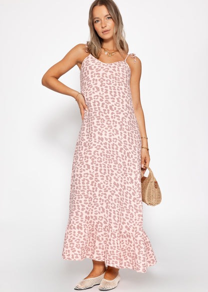 Leonor | Vestido largo de muselina estampado leopardo · Rosa