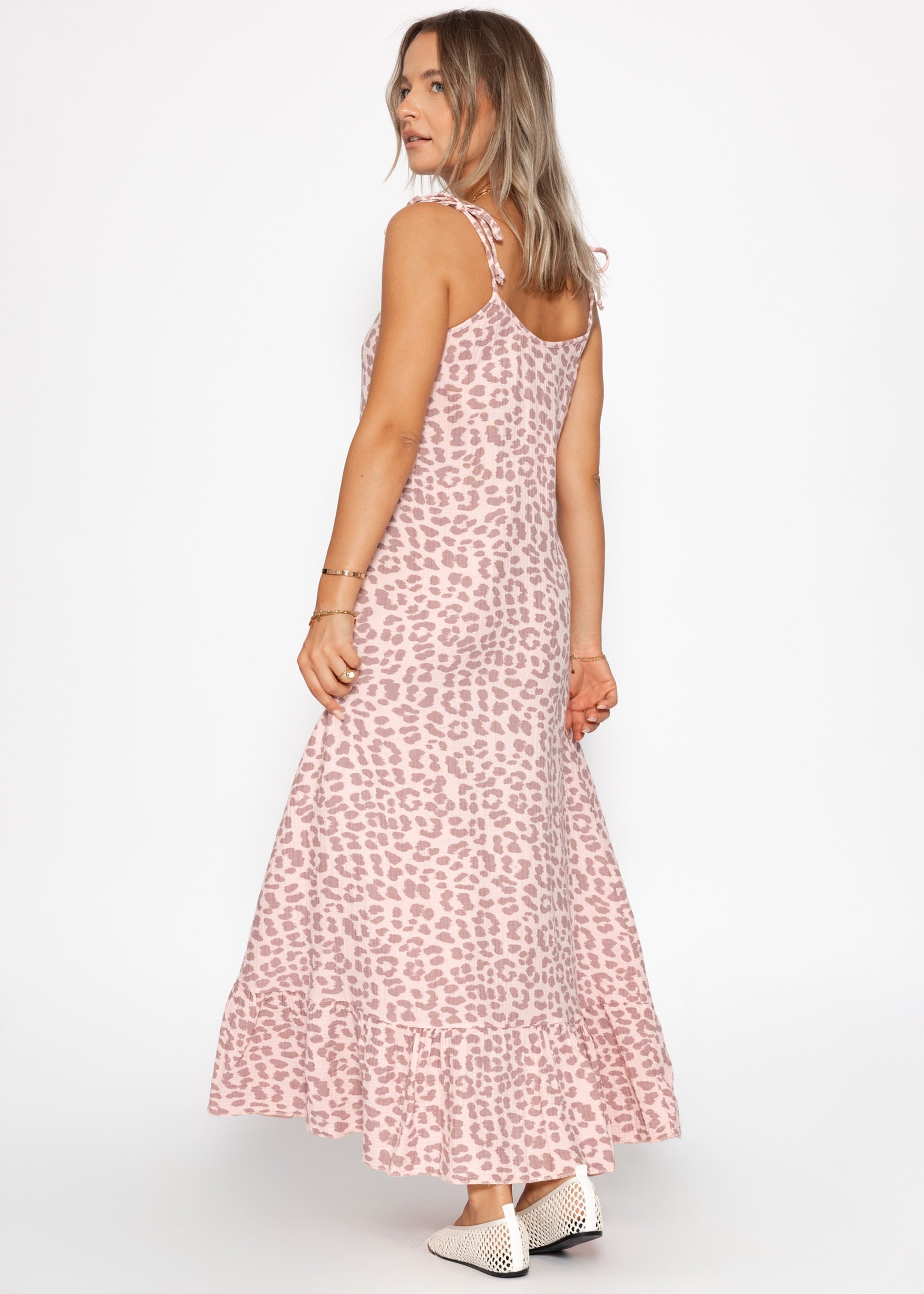 Leonor | Vestido largo de muselina estampado leopardo · Rosa