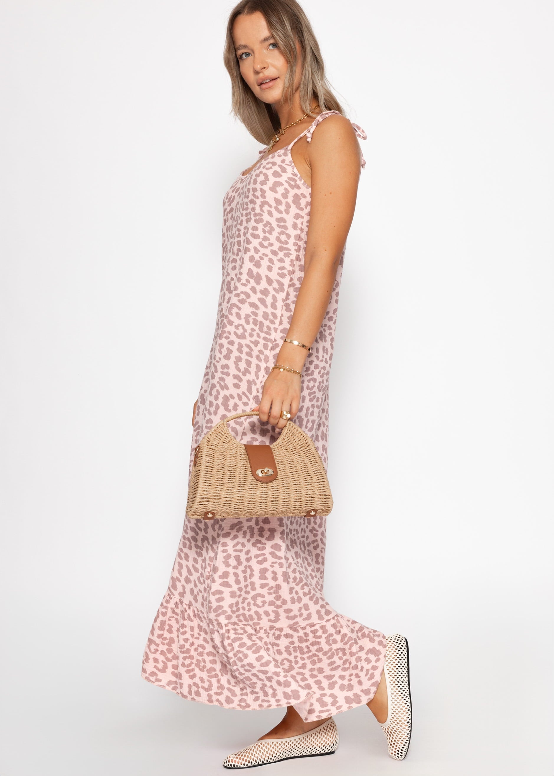 Leonor | Vestido largo de muselina estampado leopardo · Rosa