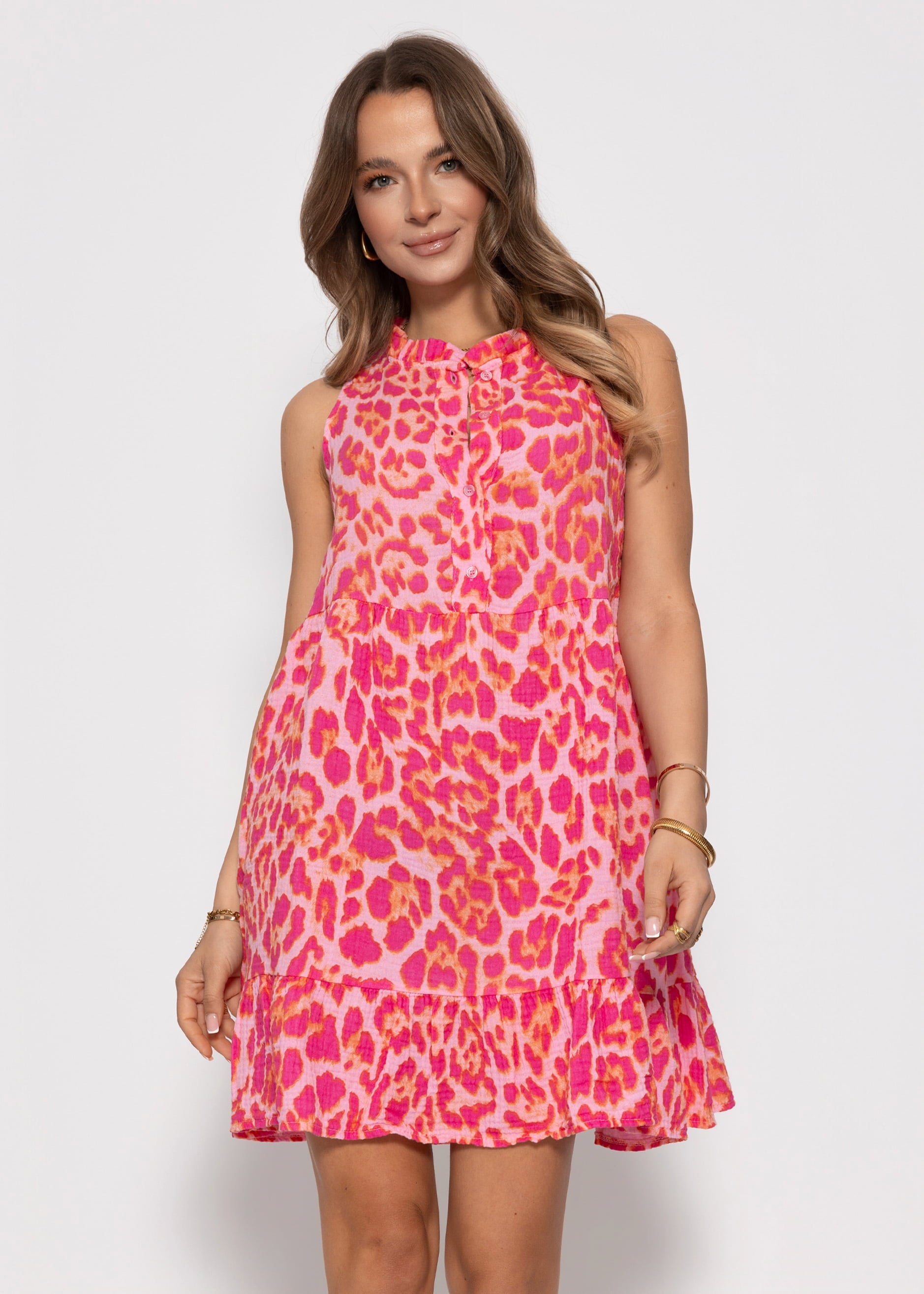 Paloma | Vestido de muselina estampado leopardo · Fucsia