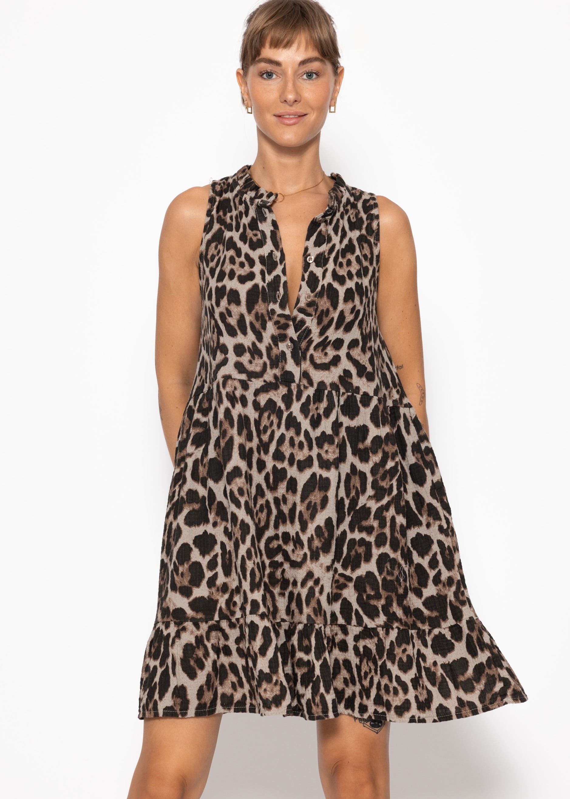 Paloma | Vestido de muselina estampado leopardo · Gris