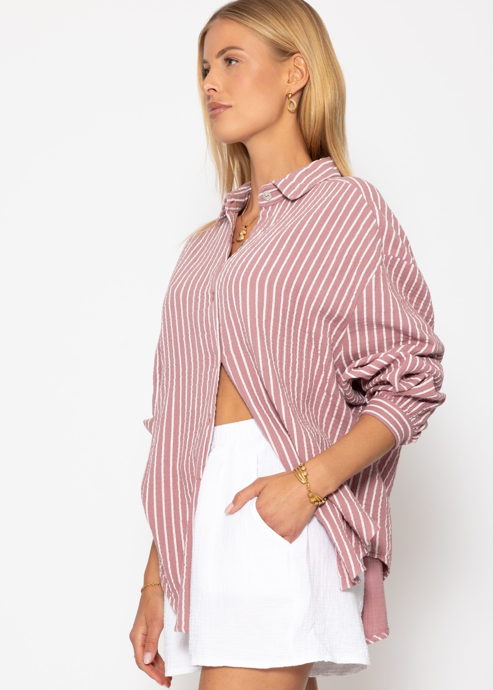 Candela | Blusa oversize de muselina a rayas · Rosa palo