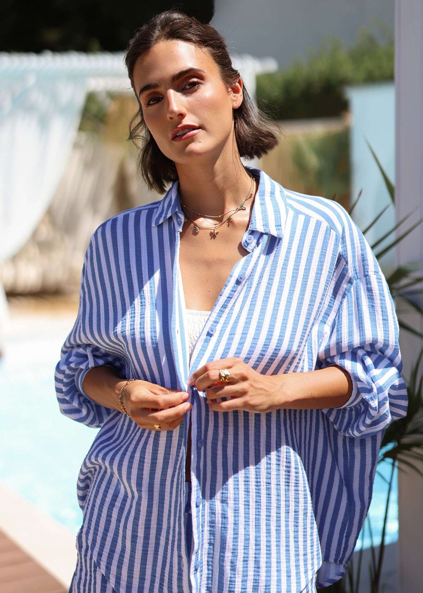 Daniela | Blusa oversize de muselina a rayas · Azul vaquero