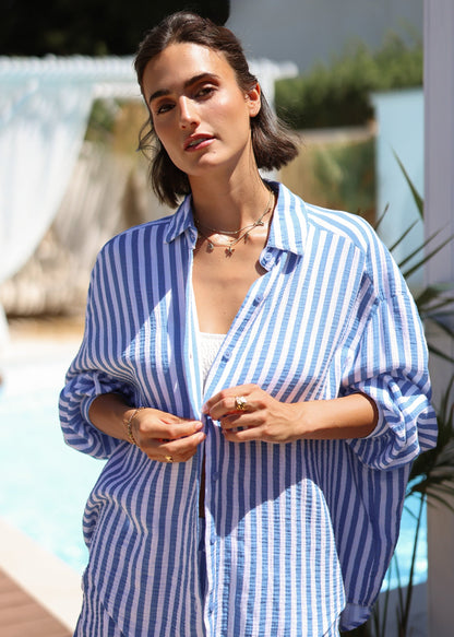 Daniela | Blusa oversize de muselina a rayas · Azul vaquero