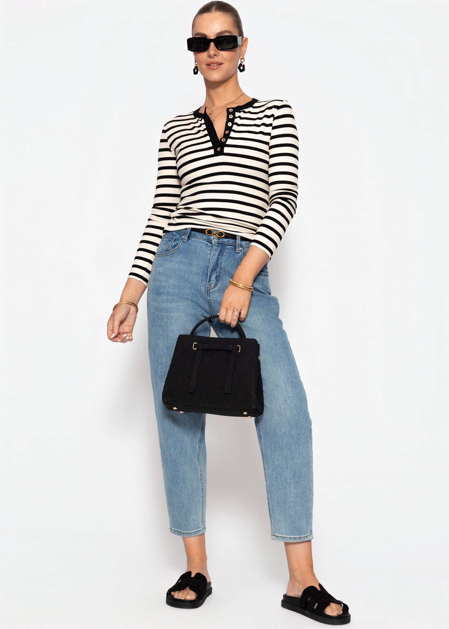Adela | Camiseta de manga larga a rayas · Negro y blanco