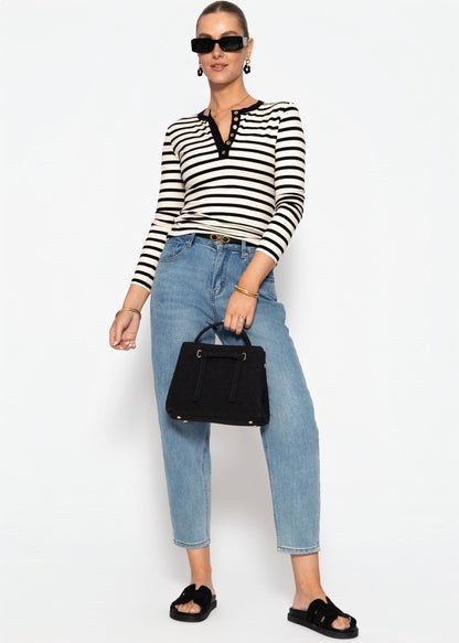 Adela | Camiseta de manga larga a rayas · Negro y blanco