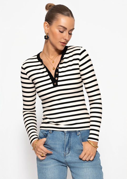 Adela | Camiseta de manga larga a rayas · Negro y blanco