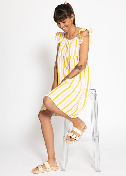 Fiora | Vestido de muselina a rayas · Rosa y amarillo