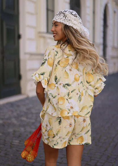 Clara | Blusa de muselina estampado de limones · Amarillo