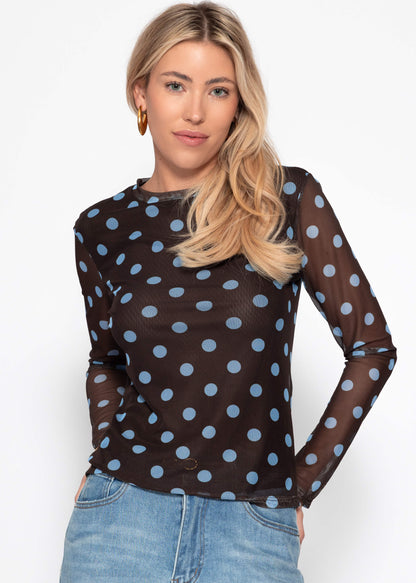 Tania | Camiseta de manga larga de rejilla de lunares · Marrón y azul