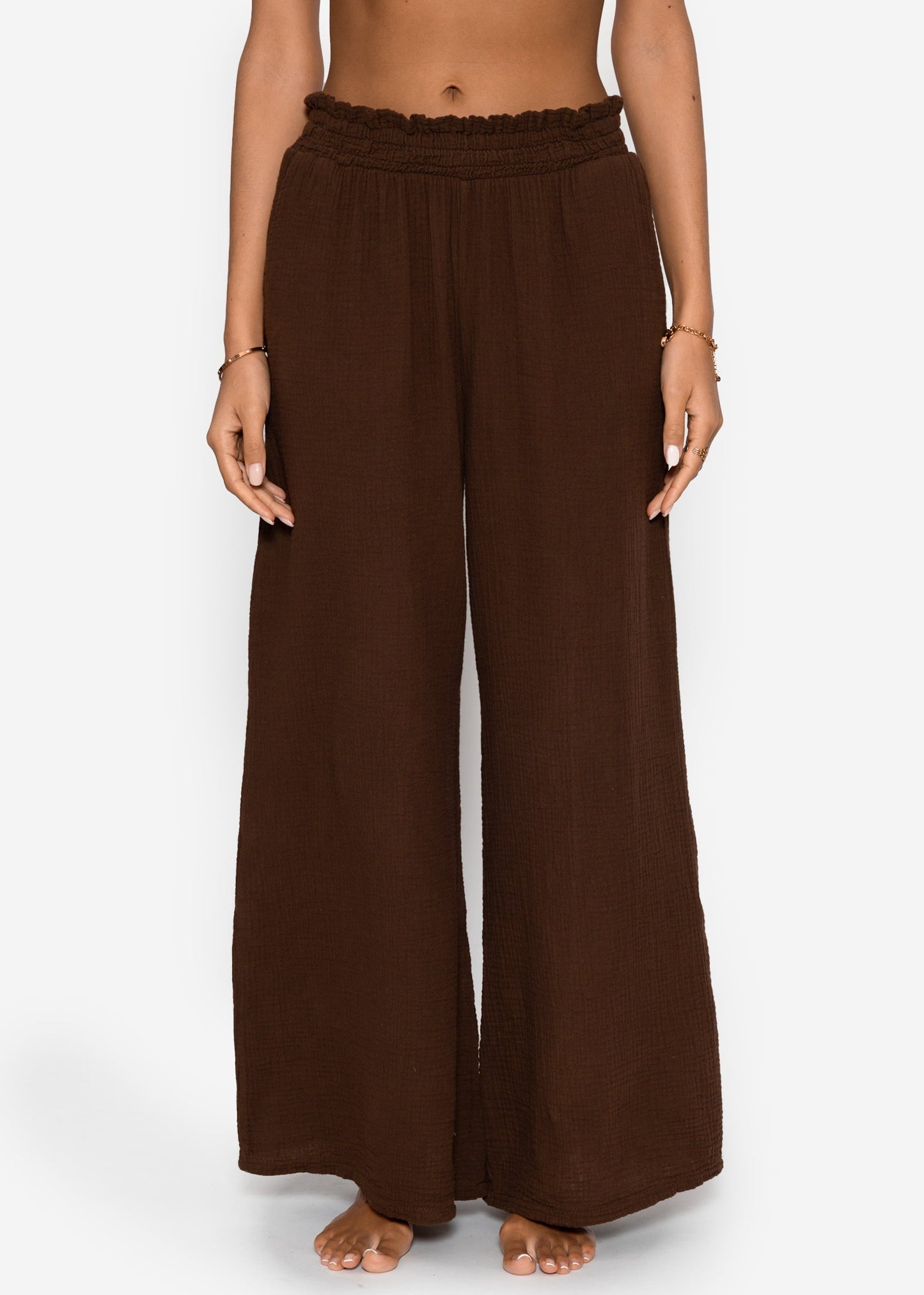 Malva | Pantalón de pernera ancha de muselina · Marrón