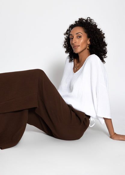 Malva | Pantalón de pernera ancha de muselina · Marrón