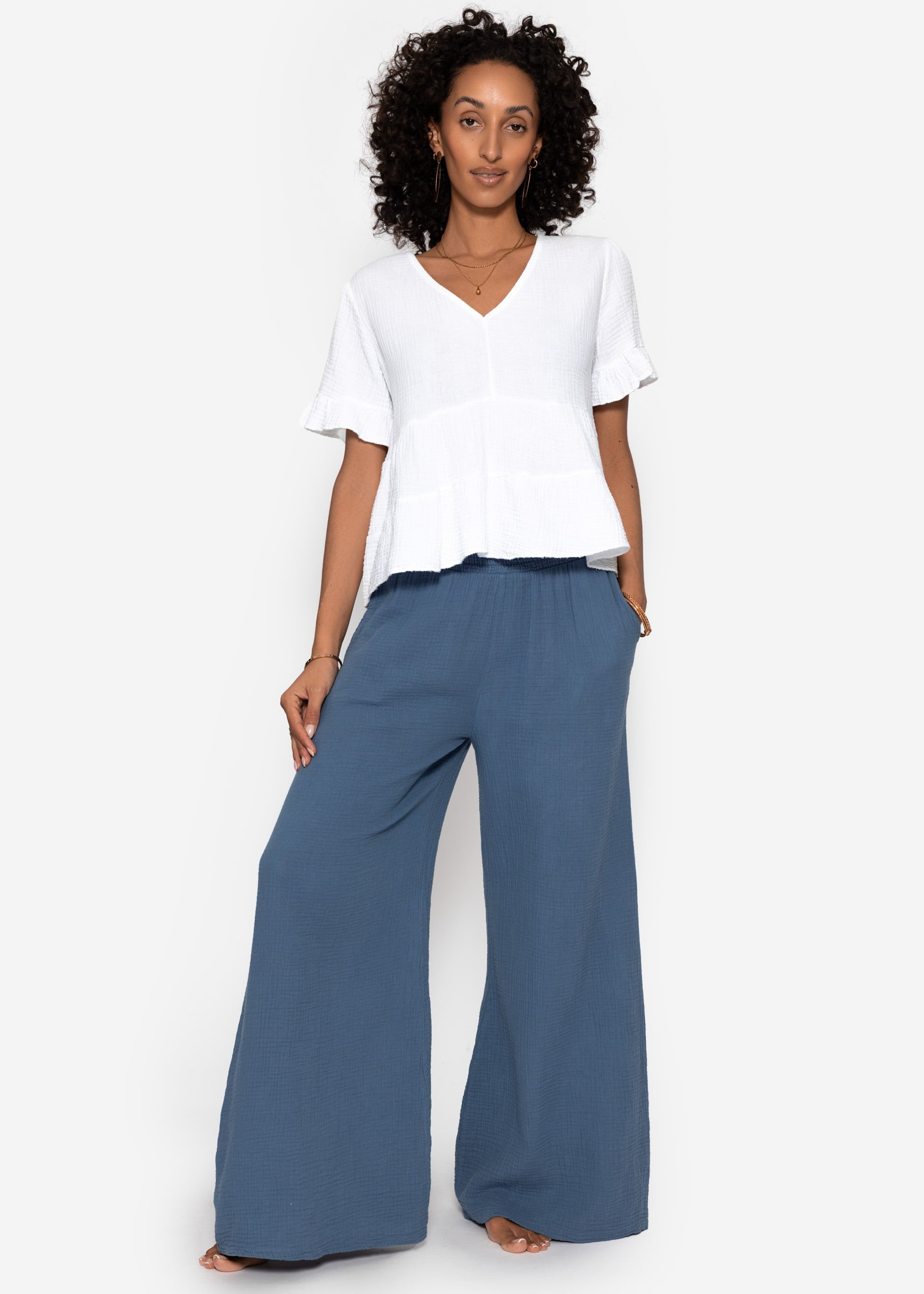 Malva | Pantalón de pernera ancha de muselina · Azul vaquero
