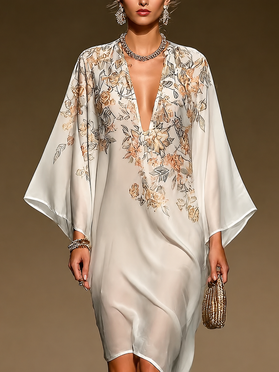Adriana | Vestido caftán midi de gasa beige con estampado floral