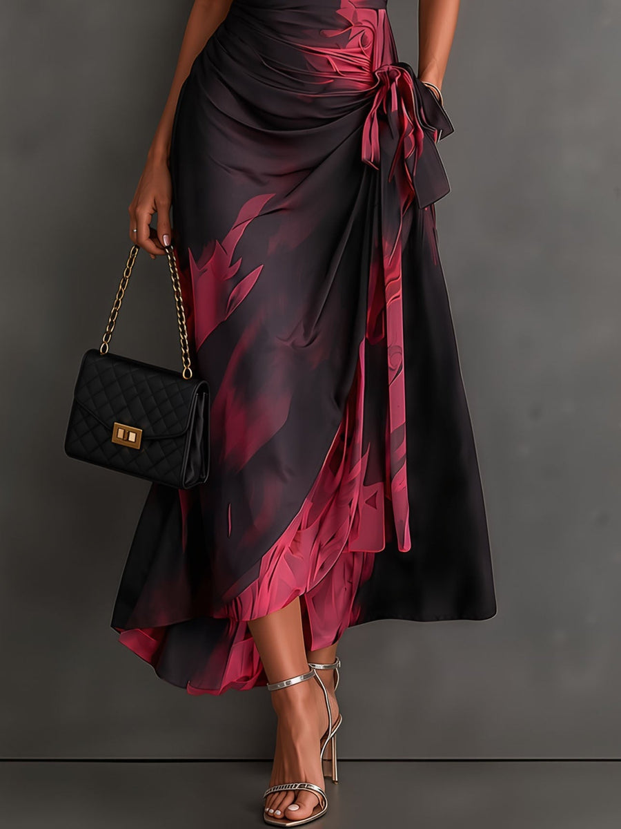 Carmen | Vestido midi cruzado con estampado abstracto y bajo con volante