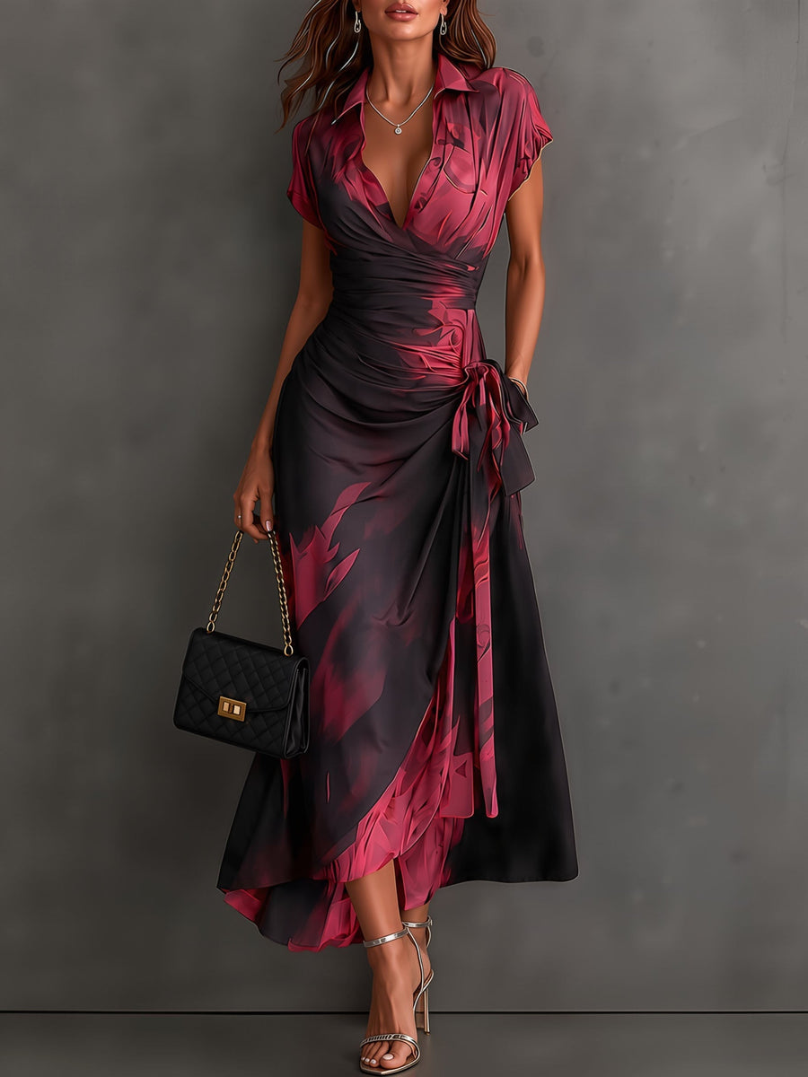 Carmen | Vestido midi cruzado con estampado abstracto y bajo con volante